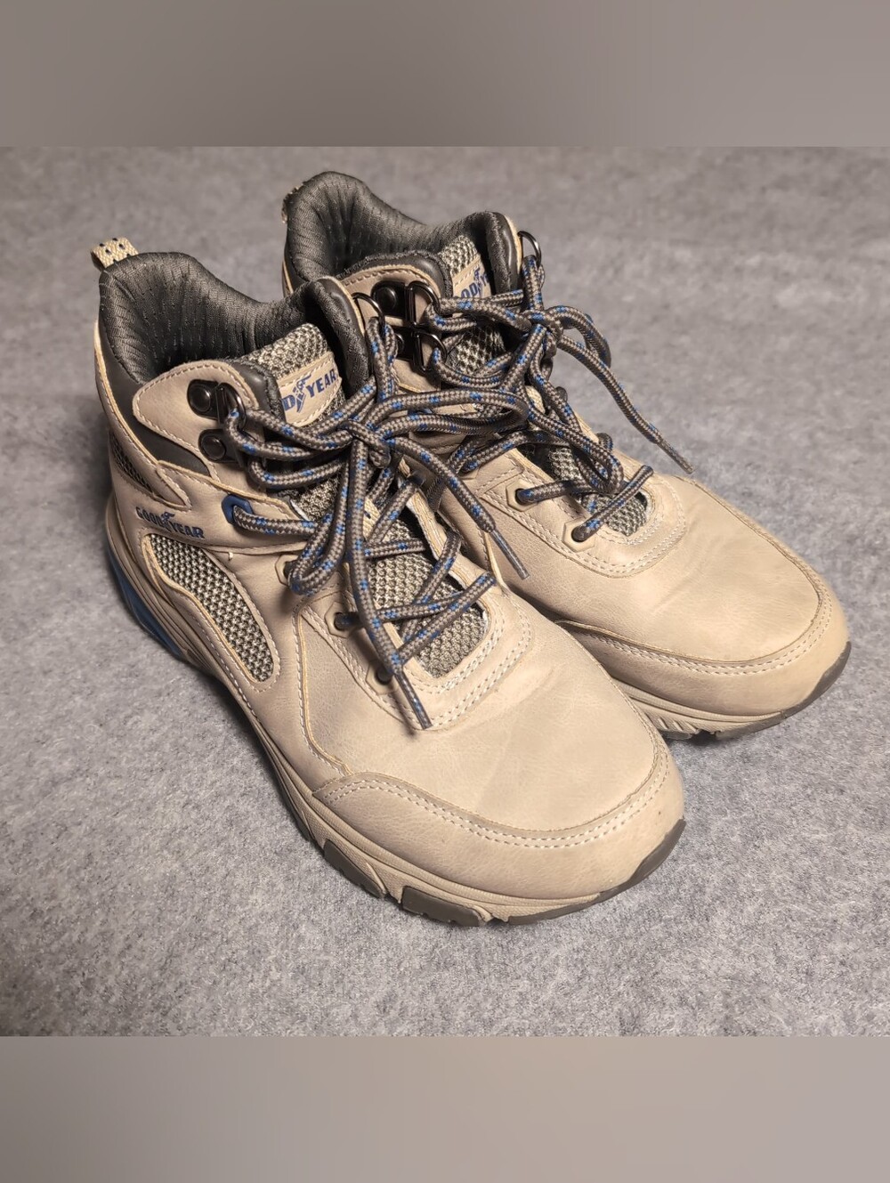 Goodyear Womens Hiking Boots Tan Blue Mid Top Trail Outdoor Shoes size 5 1/2